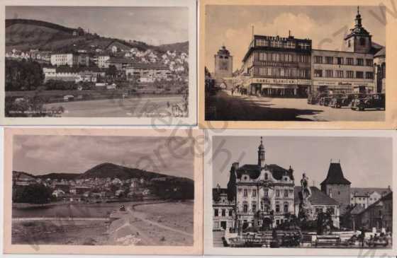  - 4 ks pohlednic: Beroun - náměstí, kostel, panorama, brána