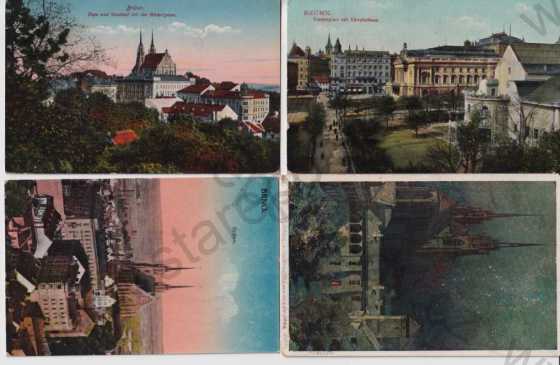  - 4 ks pohlednic: Brno - celkový pohled, kostel, divadlo, litografie, kolorovaná