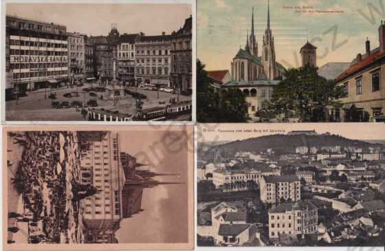  - 4 ks pohlednic: Brno - celkový pohled, náměstí, kostel, Špilberk, litografie, kolorovaná
