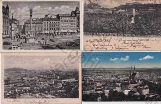 - 4 ks pohlednic: Brno - Brünn, celkový pohled, náměstí, kostel, Špilberk, litografie, kolorovaná