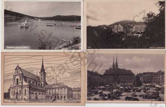  - 4 ks pohlednic: Brno - Brünn, celkový pohled, náměstí, kostel, Špilberk, přehrada, kresba