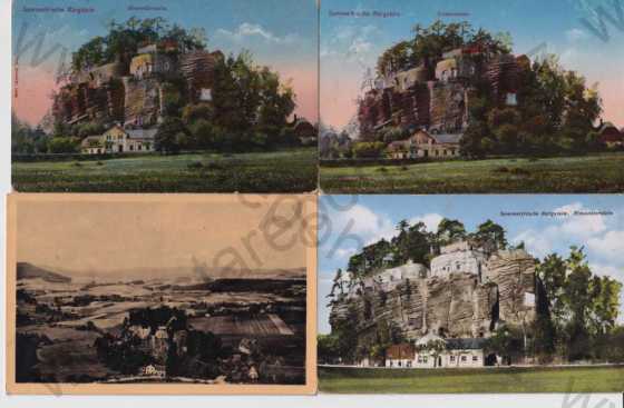  - 4 ks pohlednic: Sloup v Čechách - Bürgstein (Česká Lípa), celkový pohled, hrad, kolorovaná, litografie
