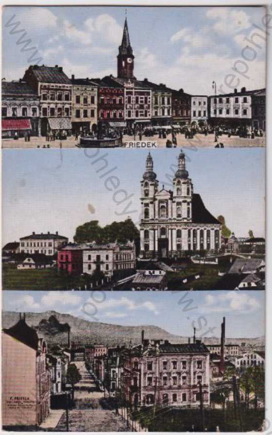  - Frýdek-Místek, tři pohledy: náměstí, kostel, ulice, litografie, kolorovaná