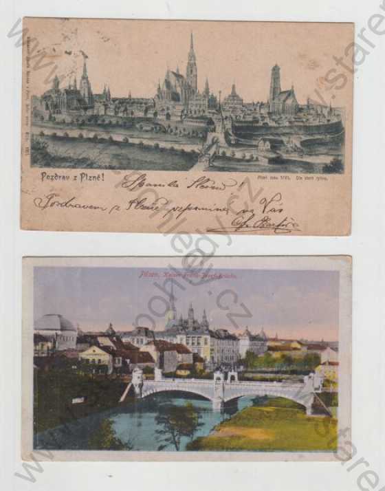  - 2x Plzeň (Pilsen), celkový pohled, most, řeka, kolorovaná