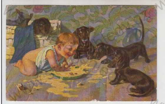  - Zvířena, pes, dítě, jídlo, humor, kolorovaná, plastická karta