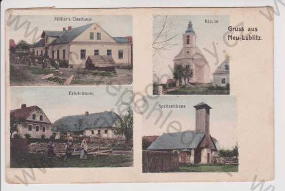  - Nové Lublice (Neu - Lublitz) - hostinec Müller, kostel, hasičská zbrojnice, Erbrichterei, kolorovaná