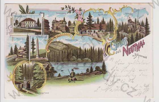  - Nové Údolí (Neuthal) - Šumava - Plešné jezero, Stifter pomník, tunel, Třístoličník (restaurace), hájovna, litografie, DA, koláž, kolorovaná