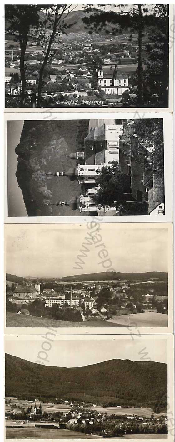  - 4 ks pohlednic: Hejnice (Liberec - Reichenberg, Jizerské hory), celkový pohled, kostel