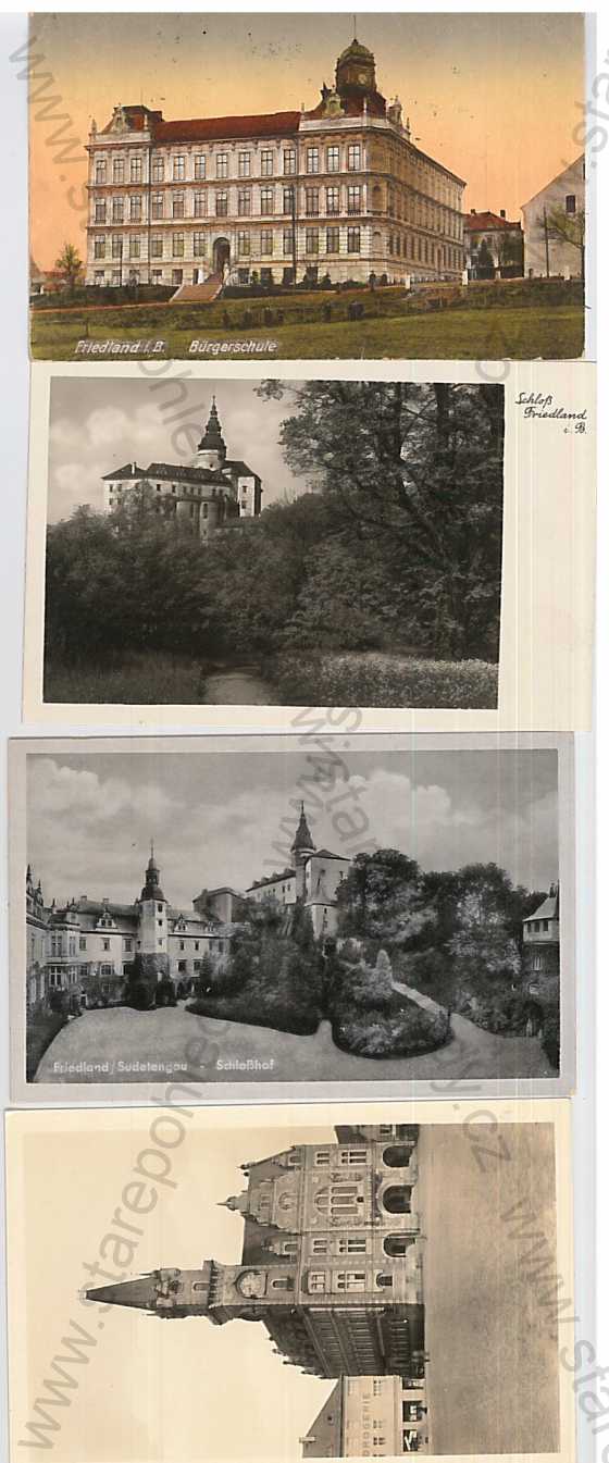  - 3 ks pohlednic: Frýdlant (Liberec - Reichenberg, Jizerské hory), zámek, škola, radnice