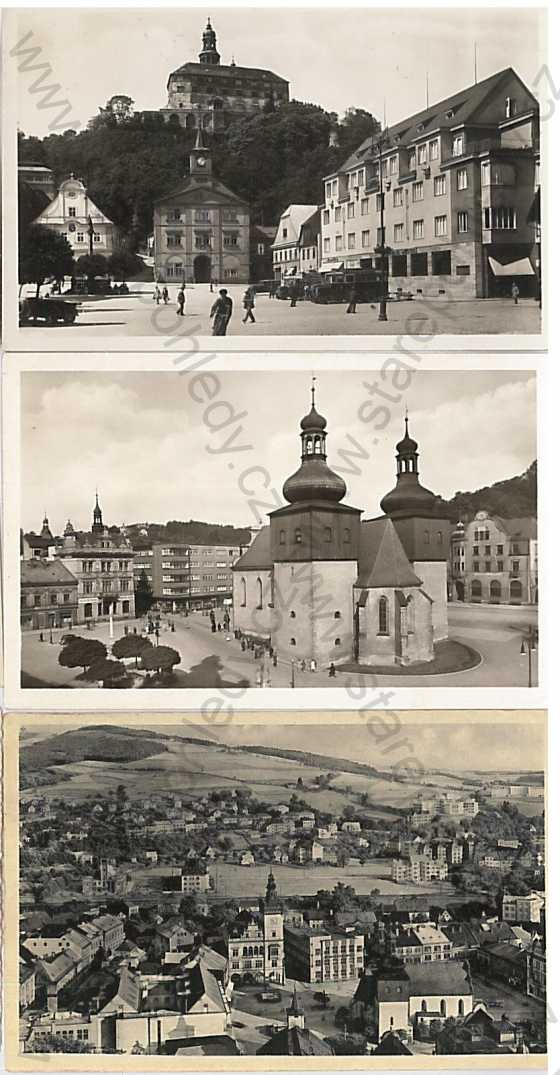  - 3 ks pohlednic: Náchod, zámek, kostel, náměstí, celkový pohled