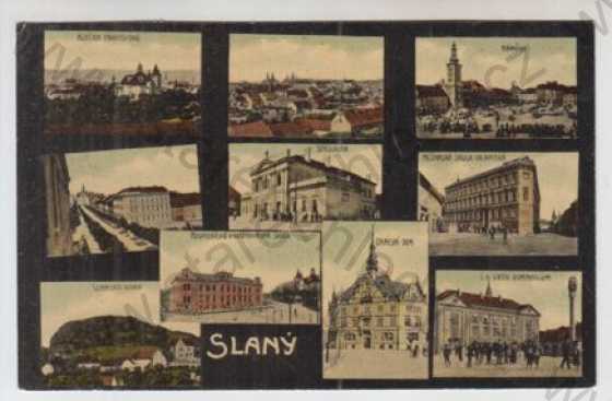  - Slaný (Kladno), více záběrů, klášter, celkový pohled, náměstí, pohled ulicí, sokolovna, sokol, škola, Slánská hora, Okresní dům, gymnázium, kolorovaná