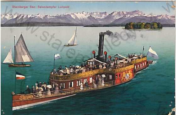 - Loď parní - Starnberger See: Salondampfer Luitpold, kresba, barevná, plachetnice, hory