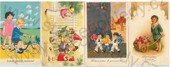  - 4 ks pohlednic: Přání ke jmeninám, kresba, barevná, děti