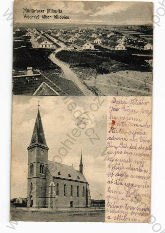  - Milovice Nymburk , koláž dva záběry kostel vojenský tábor 