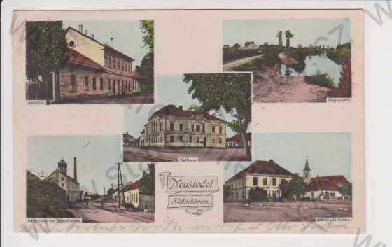  - Novosedlice (Neusiedel) - radnice, nádraží, Dyje, mlýn, škola a kostel, koláž, kolorovaná