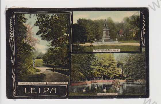  - Česká Lípa (Leipa) - park, pomník, jezero, koláž, kolorovaná