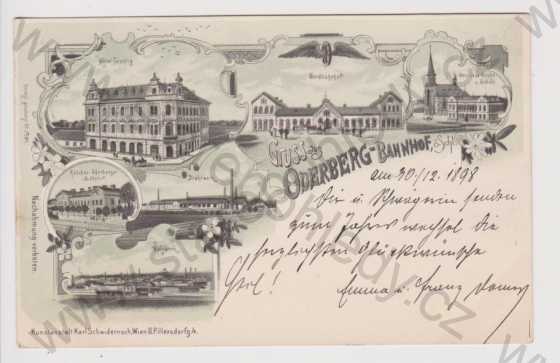  - Bohumín (Oderberg) - Hotel Lustig, nádraží, kostel, továrna, litografie, DA, koláž