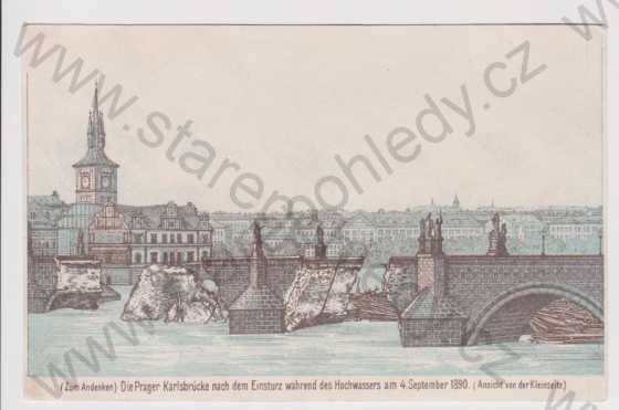  - Praha - Karlův most, povodeň, litografie, DA