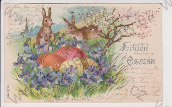  - Přání - Velikonoce - zajíc, vejce, litografie, kolorovaná, koláž, DA, zlacená