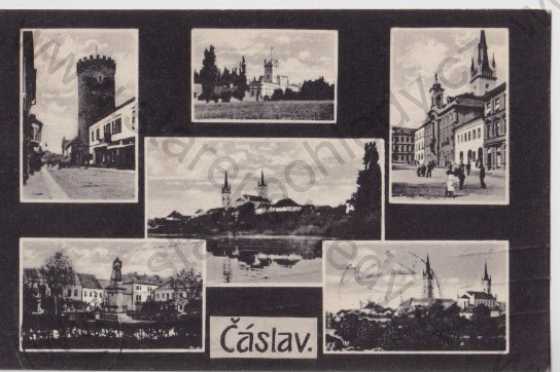 - Čáslav (Kutná Hora), koláž: kostel, pomník, náměstí, věž, zámek, celkový pohled