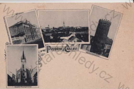  - Čáslav (Kutná Hora), koláž: kostel, muzeum, bašta, celkový pohled, DA