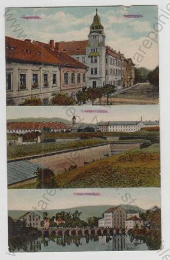  - Terezín (Litoměřice), více záběrů, hradby, Mlýny nad Orlicí, pošta, kolorovaná