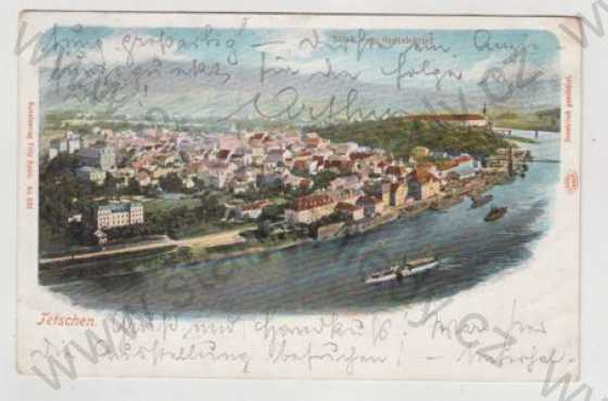  - Děčín (Tetschen), řeka, loď, parník, částečný záběr města, kolorovaná, DA