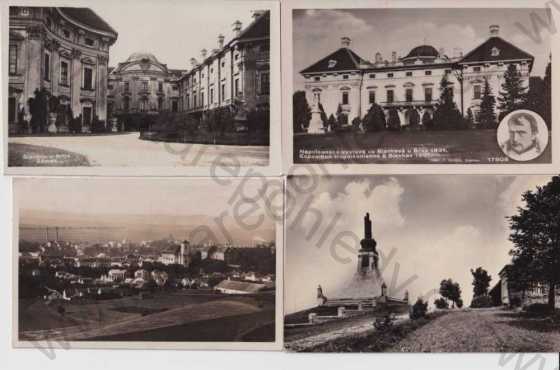  - 4x pohlednice: Slavkov (Vyškov), zámek, pomník, celkový pohled, Grafo Čuda Holice, Fototypia-Vyškov, Napoleon