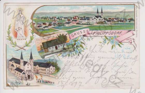  - Filipov (Philippsdorf) - celkový pohled, kostel, Gnadenhaus, litografie, DA, koláž, kolorovaná