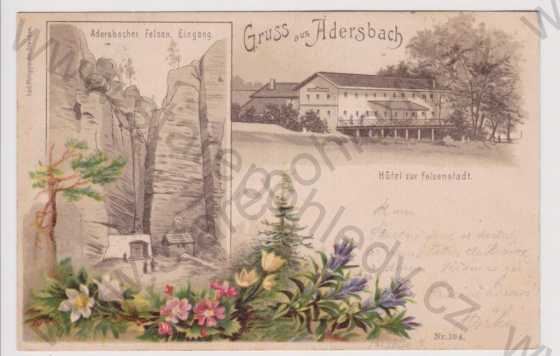  - Adršpach (Adersbach) - skály, hotel, litografie, DA, koláž, kolorovaná