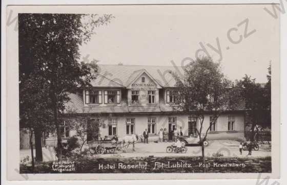  - Staré Lublice (Alt Lublitz) - Hotel Rosenhof, auto, kůň, motocykl