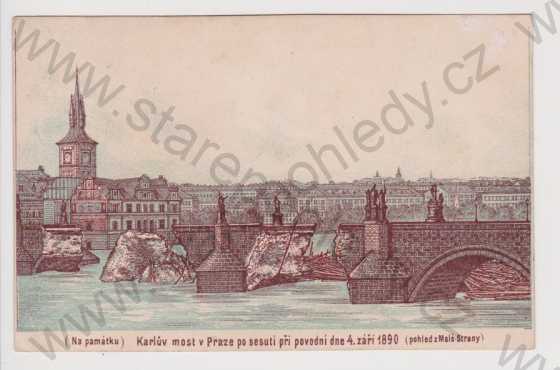  - Praha - Karlův most po sesutí při povodni 1890, kolorovaná, DA
