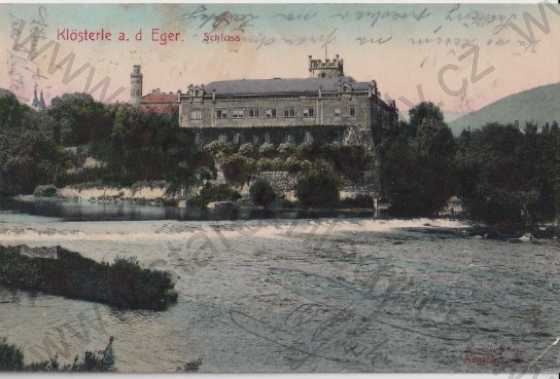  - Klášterec nad Ohří - Klösterle a. d. Eger (Chomutov), zámek, řeka, litografie, kolorovaná