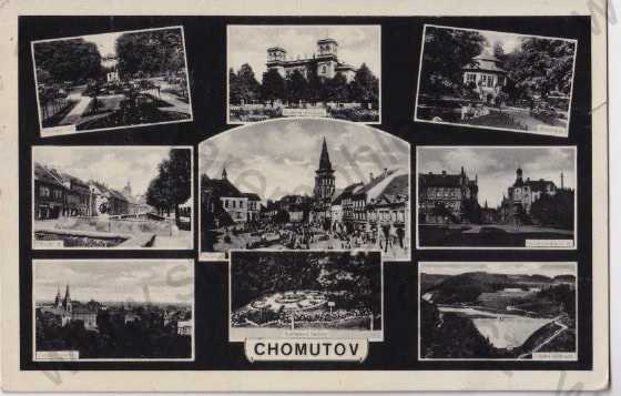  - Chomutov - Komotau, koláž: park, sad, náměstí, přehrada, celkový pohled, náměstí