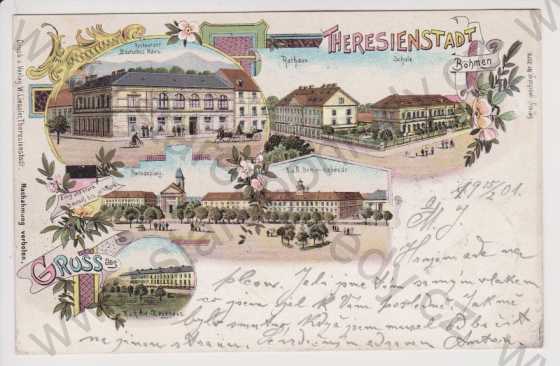  - Terezín (Theresienstadt) - radnice, škola, náměstí, restaurace německý dům, zbrojnice, litografie, DA, koláž, kolorovaná