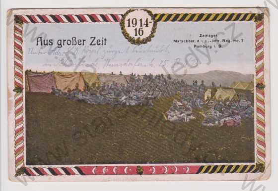  - Vojenství - 1914-1916 - Aus grosser Zeit, stanový tábor, koláž, kolorovaná