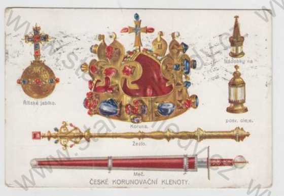  - České korunovační klenoty, Říšské jablko, koruna, Nádobky na posvátné oleje, žezlo, meč, kolorovaná