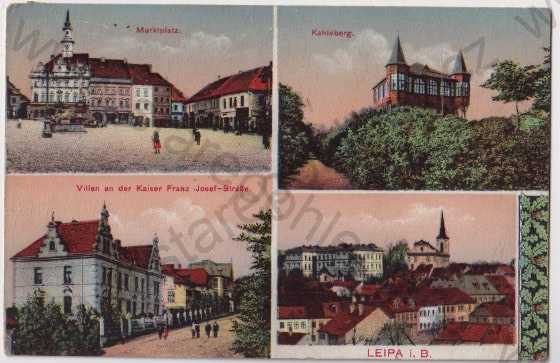  - Česká Lípa - Böhmisch Leipa, více záběrů: náměstí, vila, vilová čtvrť, celkový pohled, kresba, barevná