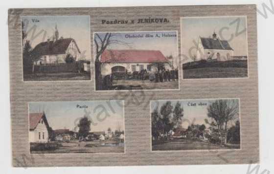  - Jeníkov (Havlíčkův Brod), více záběrů, vila, obchod, kostel, partie, částečný záběr města, kolorovaná