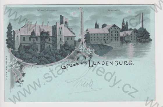  - Břeclav (Lundenburg) - zámek, mlýn, Mondschein, střírbná, litografie, koláž, DA