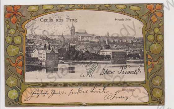  - Praha - Hradčany - celkový pohled, koláž, kolorovaná, DA, Art Nouveau, litografie