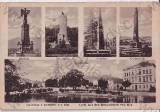  - Chlumec - Kulm (Ústí nad Labem - Aussig a. Elbe), více záběrů: bitevní pole, pomníky, 1813, město