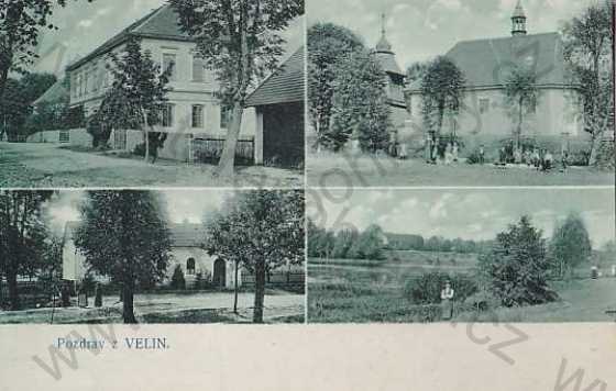  - Velin (Pardubice), více záběrů, kostel, rybník, škola