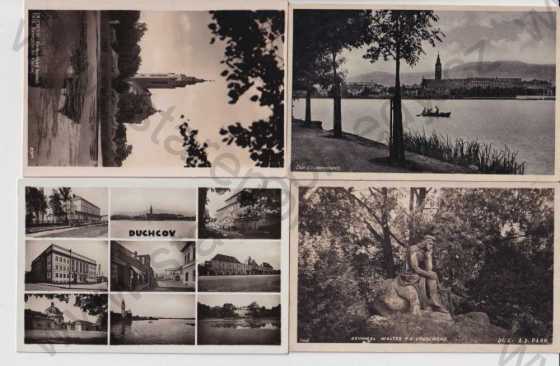  - 4x pohlednice: Duchcov - Dux (Teplice - Teplitz Schönau), celkový pohled, zámek, kostel, rybník