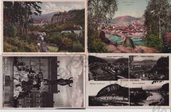  - 4x pohlednice: Děčín - Tetschen, celkový pohled, zámek, řeka, most, kašna na náměstí