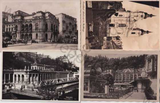  - 4x pohlednice: Karlovy Vary - Karlsbad, Grand hotel Pupp, kostel, divadlo, kolonáda