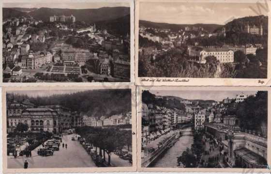  - 4x pohlednice: Karlovy Vary - Karlsbad, částečné pohledy na město, kolonáda, divadlo, hotel