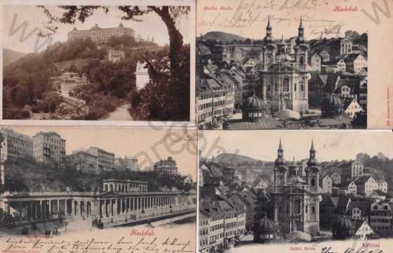  - 4x pohlednice: Karlovy Vary - Karlsbad, kostel, Grand Hotel Pupp, kolonáda