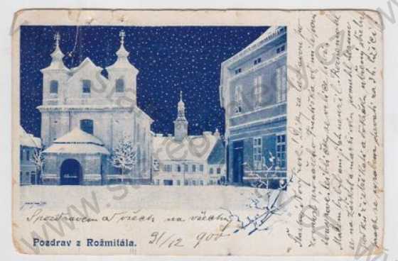  - Rožmitál (Český Krumlov), náměstí, kostel, sní, zimní, DA