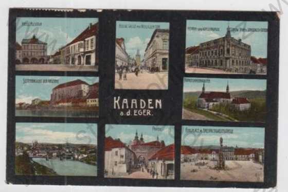  - Kadaň (Kaaden) - Chomutov, více záběrů, Hotel Austria, pohled ulicí, kasárna, řeka, klášter, most, celkový pohled, partie, náměstí, kolorovaná